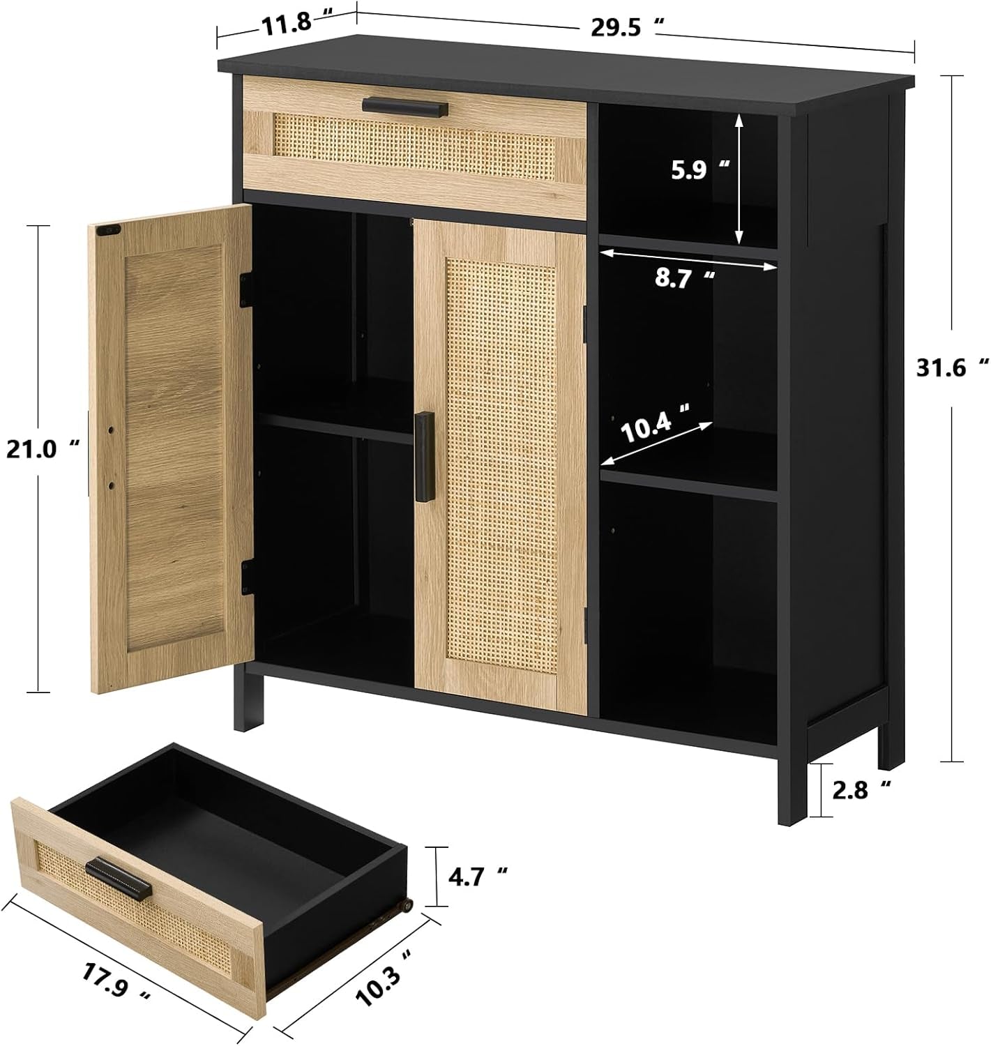 Black Rattan Boho Storage Cabinet with Adjustable Shelves