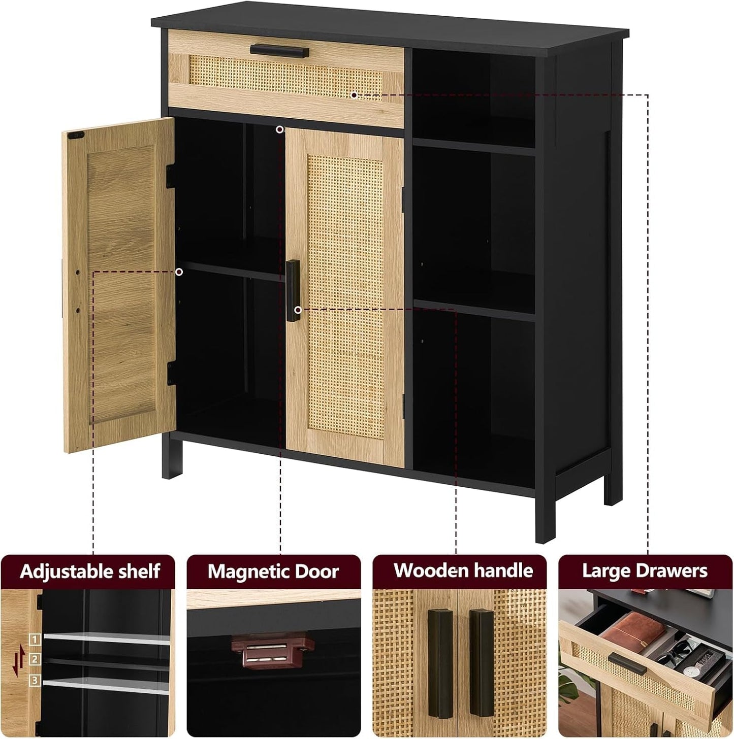 Black Rattan Boho Storage Cabinet with Adjustable Shelves