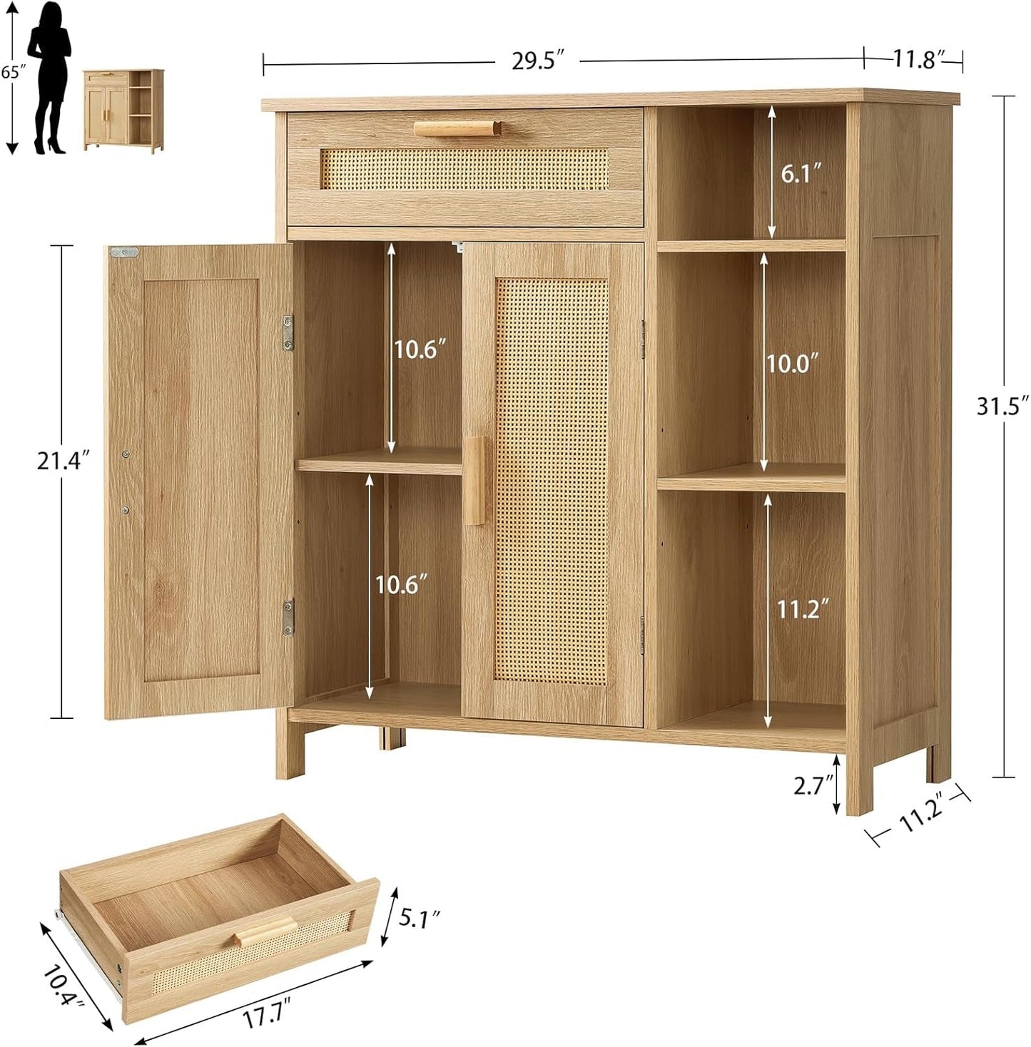 Boho Rattan Storage Cabinet – Multi-Purpose Organizer with Shelves & Doors, Adjustable & Anti-Tip Design (66 lbs Capacity)