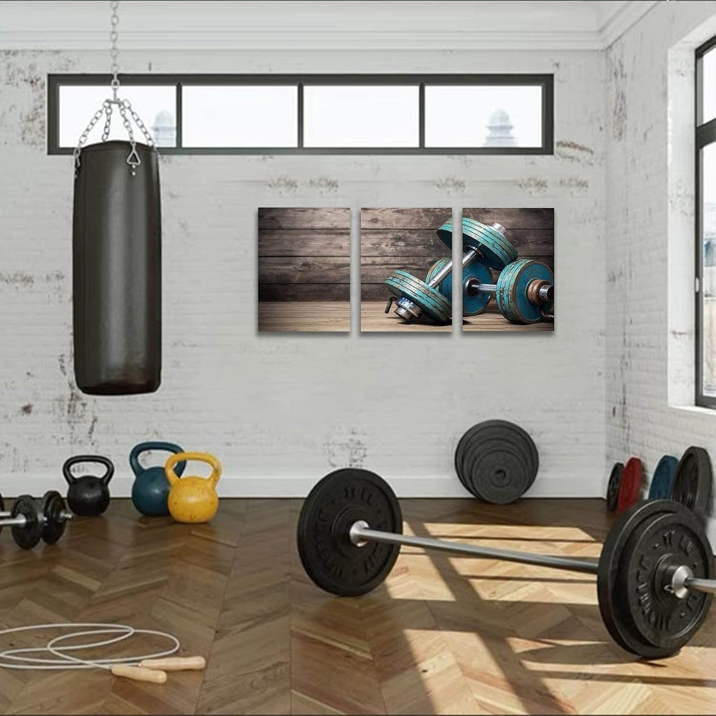 Modular Dumbbells Fitness Wall Decor,The Gym Canvas Wall Art Modern Home Poster 3 Pieces HD Printed Bodybuilding Painting for Living Room,Bedroom, Frame Decoration