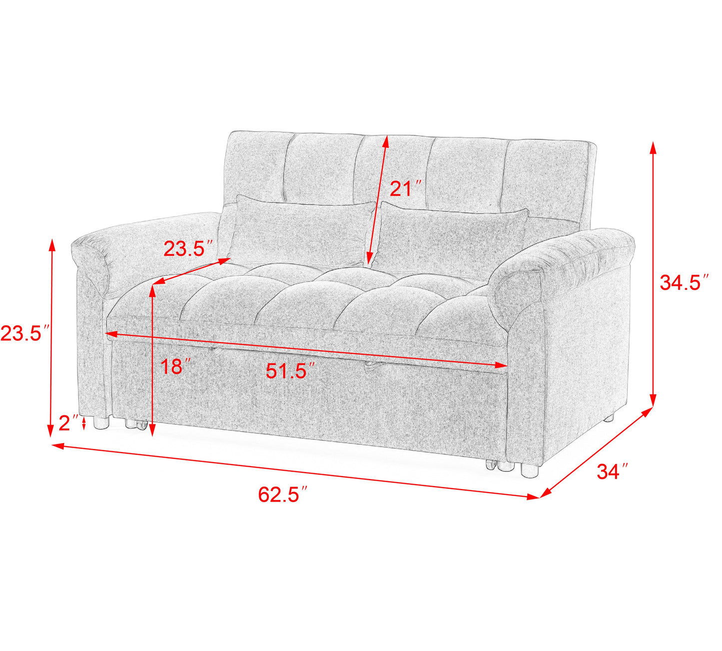 Blue+Grey Convertible Linen Loveseat Sofa Bed with Pull-Out Sleeper