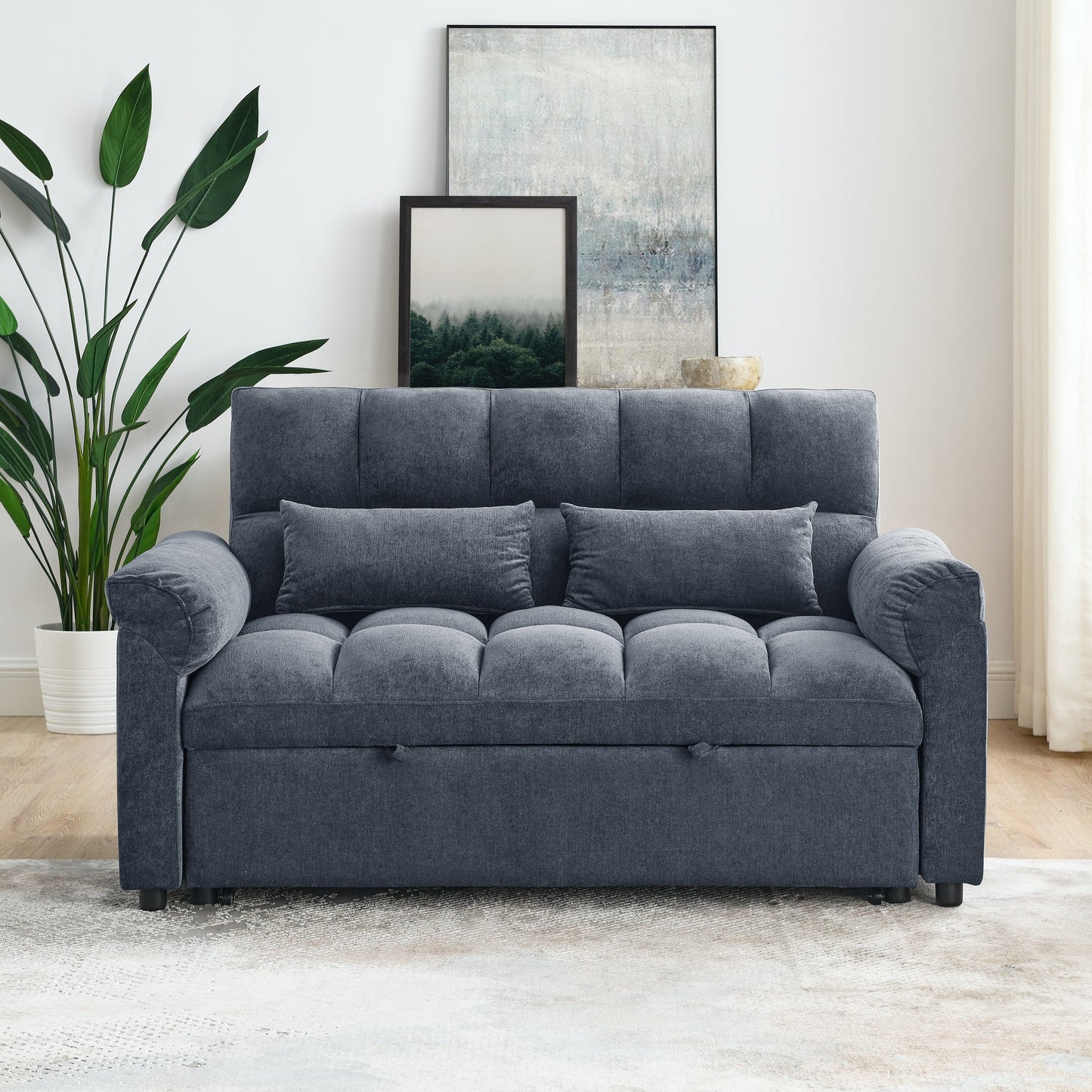 Blue+Grey Convertible Linen Loveseat Sofa Bed with Pull-Out Sleeper