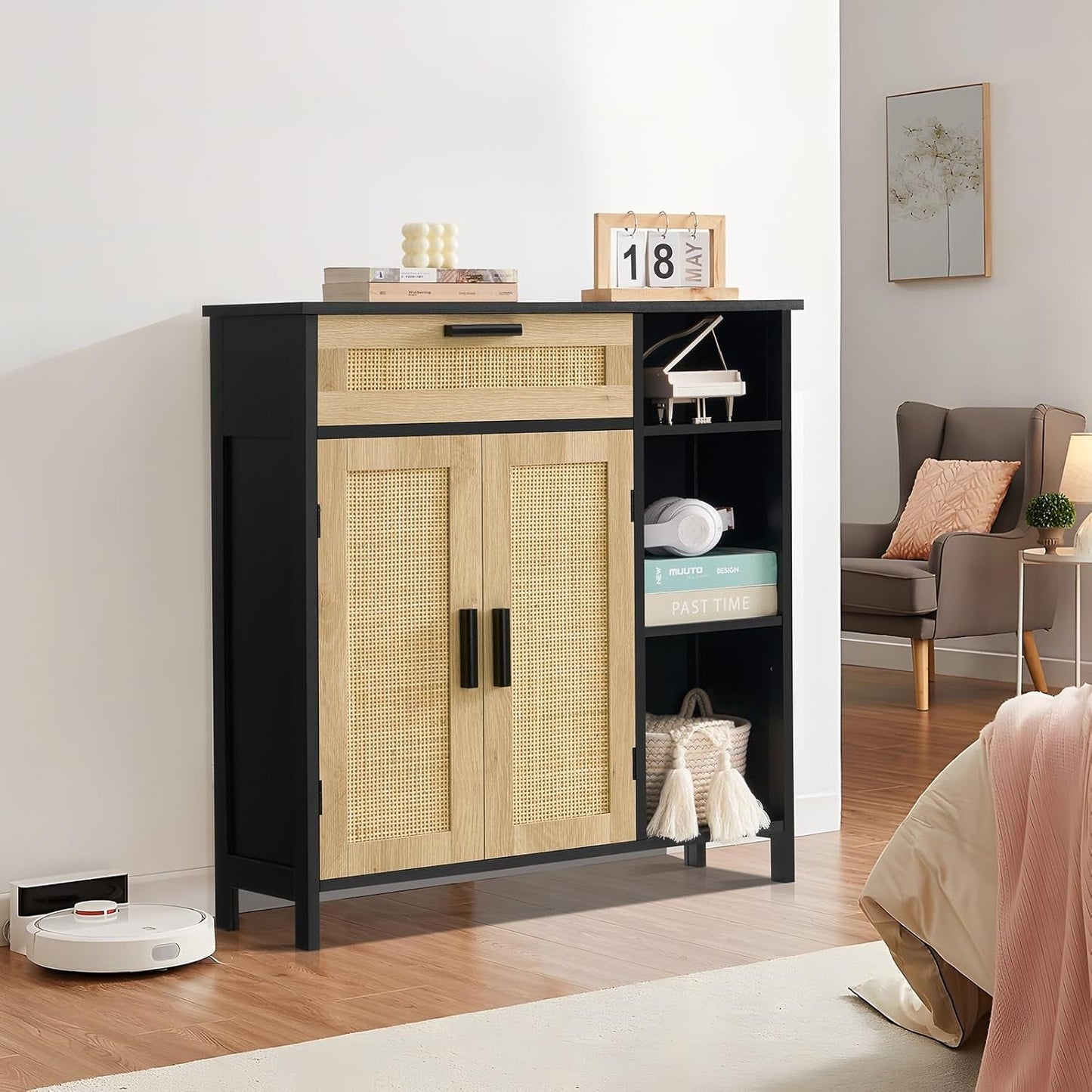 Black Rattan Boho Storage Cabinet with Adjustable Shelves