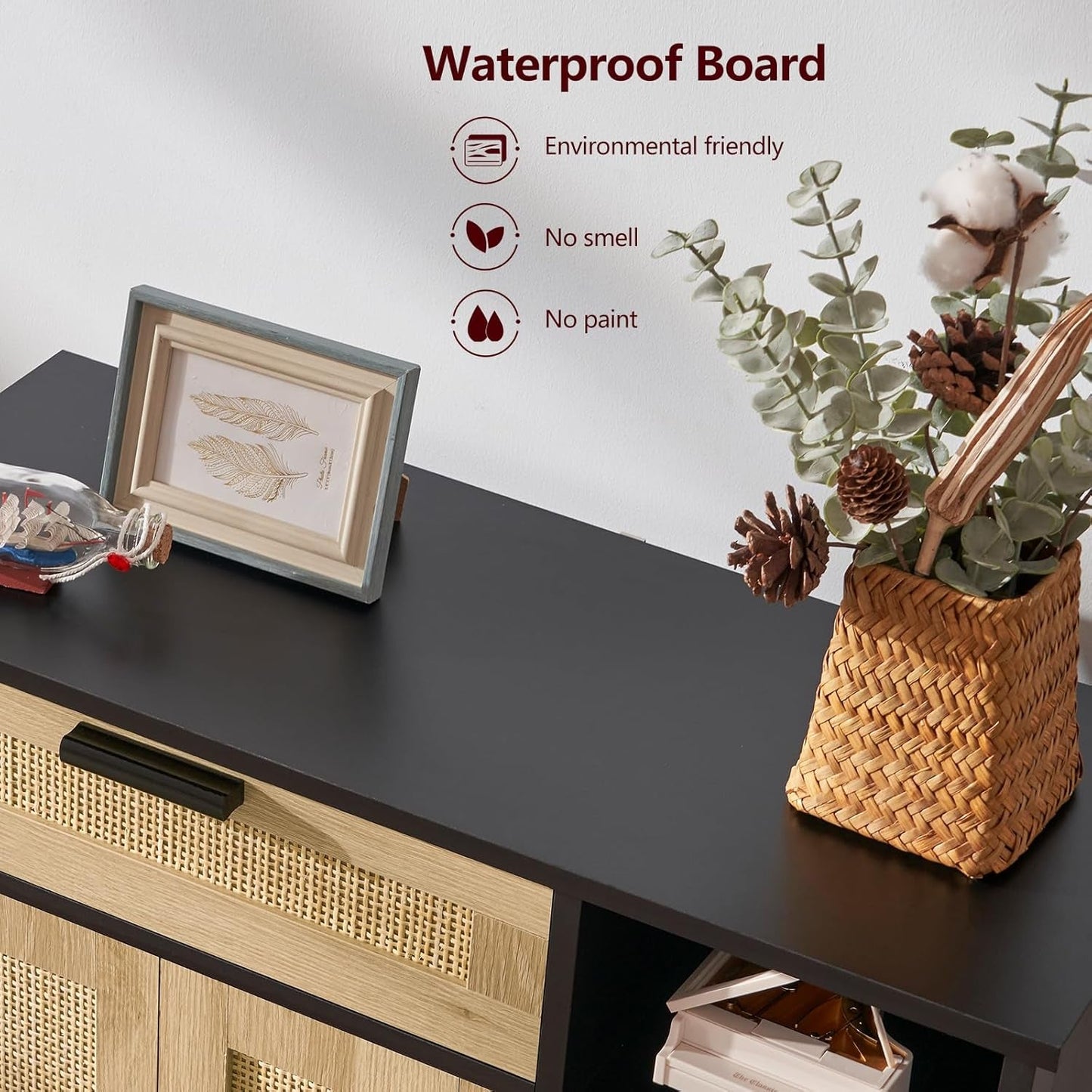 Black Rattan Boho Storage Cabinet with Adjustable Shelves