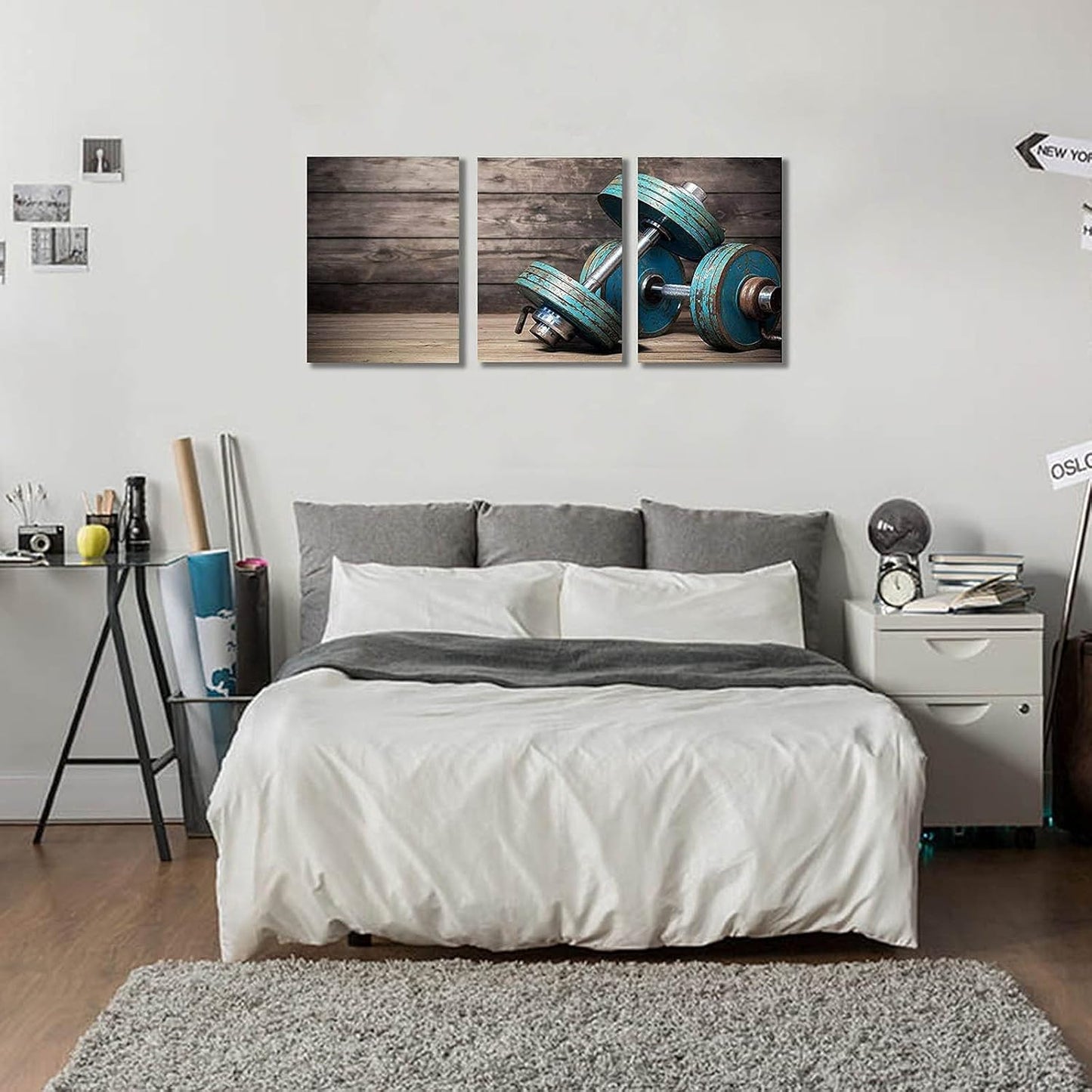 Modular Dumbbells Fitness Wall Decor,The Gym Canvas Wall Art Modern Home Poster 3 Pieces HD Printed Bodybuilding Painting for Living Room,Bedroom, Frame Decoration
