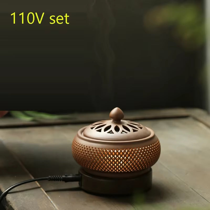 Yixing 110V/220V Electric Essential Oil Furnace Timing Ceramic Night Light Sandalwood OUDH Powder Incense Burner for Home Decor