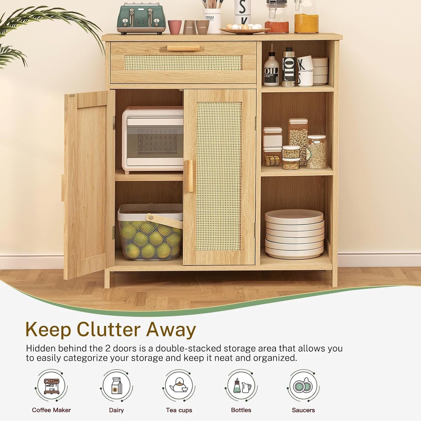 Boho Rattan Storage Cabinet – Multi-Purpose Organizer with Shelves & Doors, Adjustable & Anti-Tip Design (66 lbs Capacity)