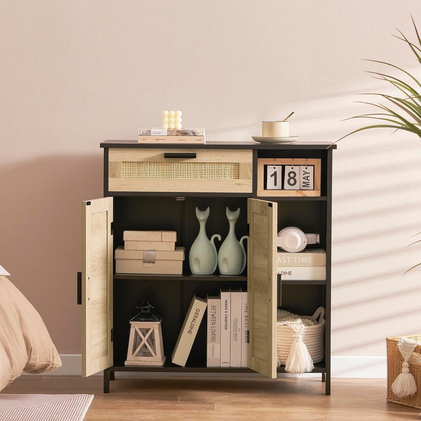 Black Rattan Boho Storage Cabinet with Adjustable Shelves