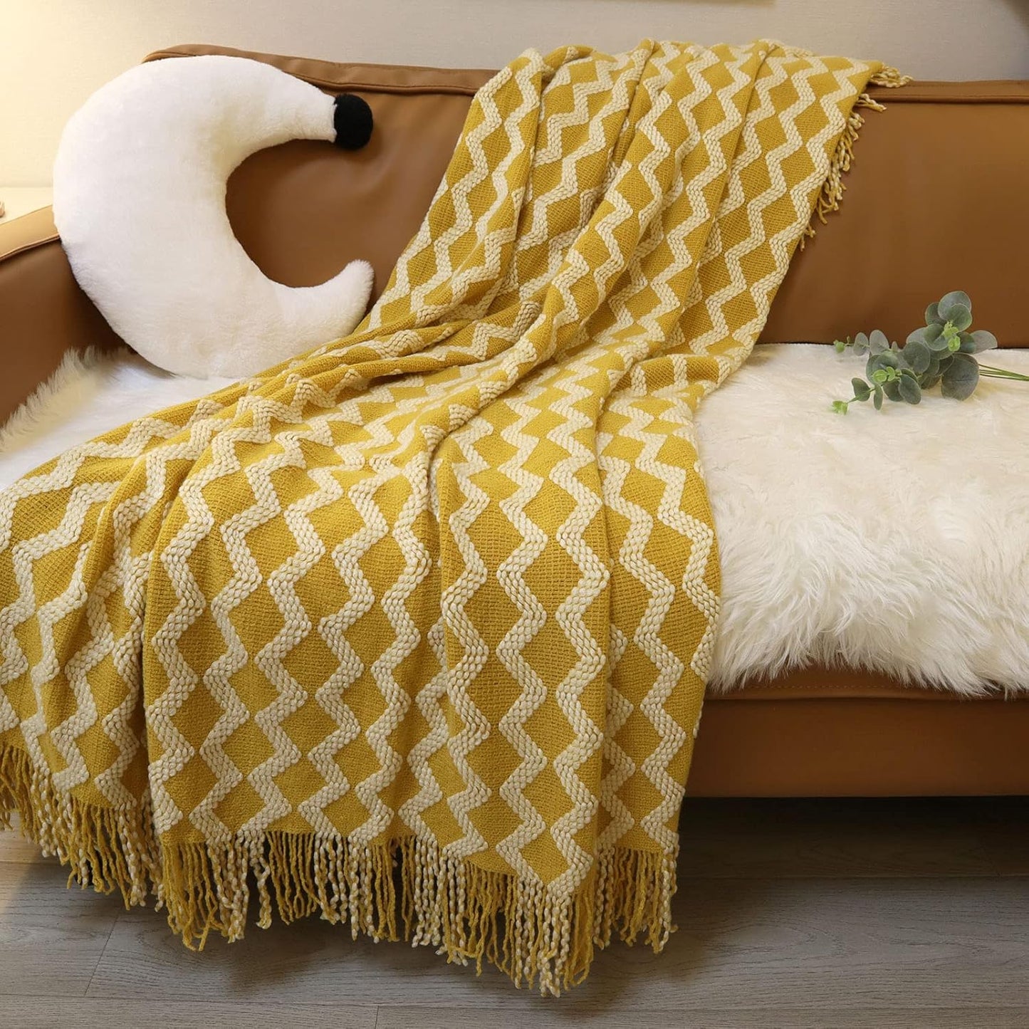 CHICHIC Throw Blanket for Couch, Decorative Knit Woven Knitted Throw Blankets for Sofa Bed Living Room Travel, 50 X 68 Inches, Yellow