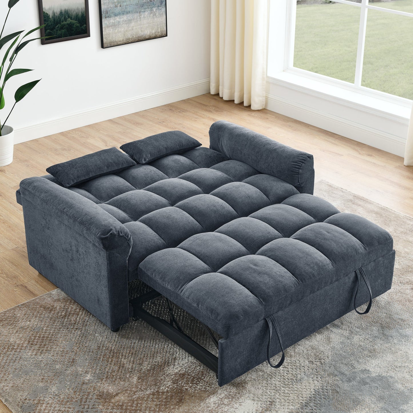 Blue+Grey Convertible Linen Loveseat Sofa Bed with Pull-Out Sleeper