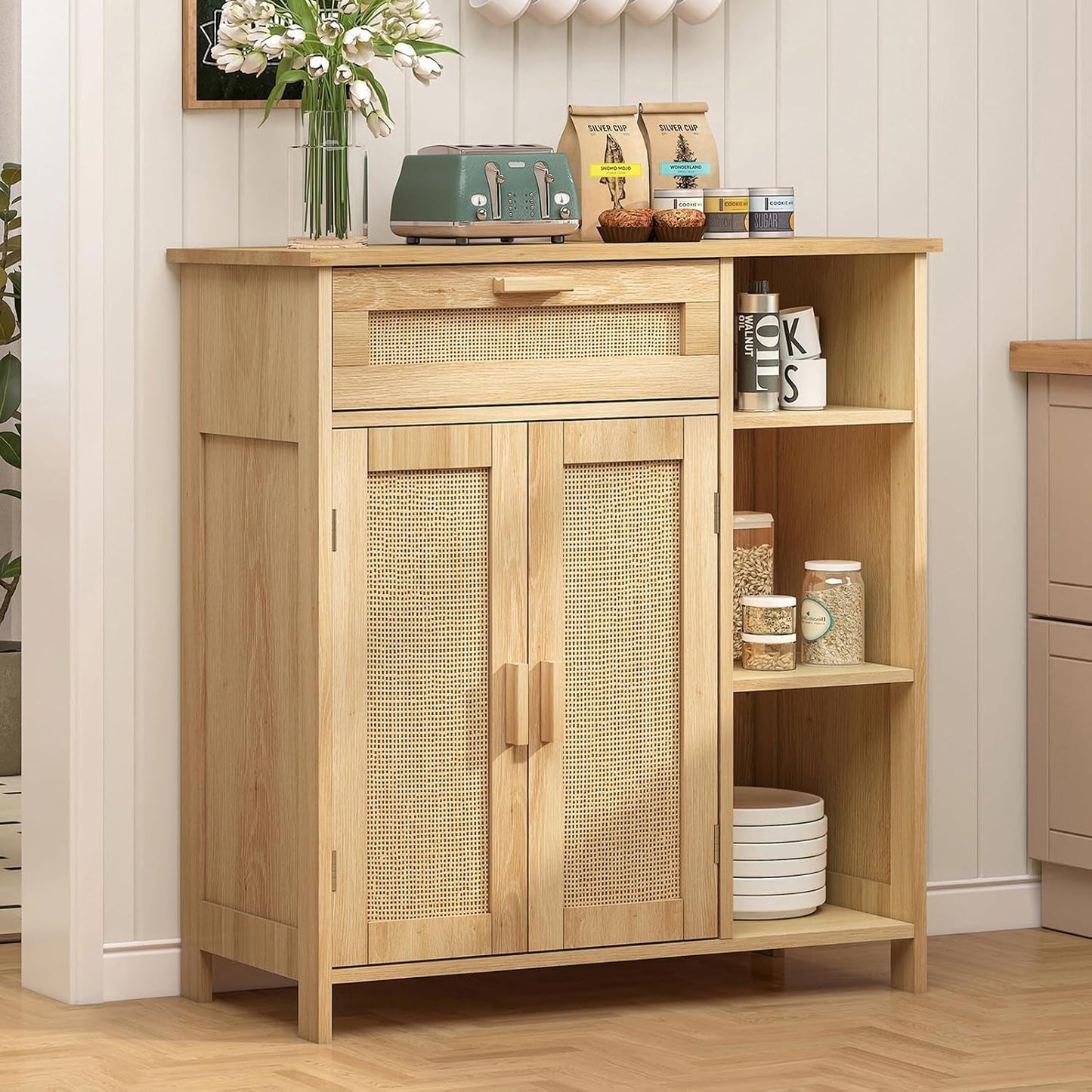 Boho Rattan Storage Cabinet – Multi-Purpose Organizer with Shelves & Doors, Adjustable & Anti-Tip Design (66 lbs Capacity)