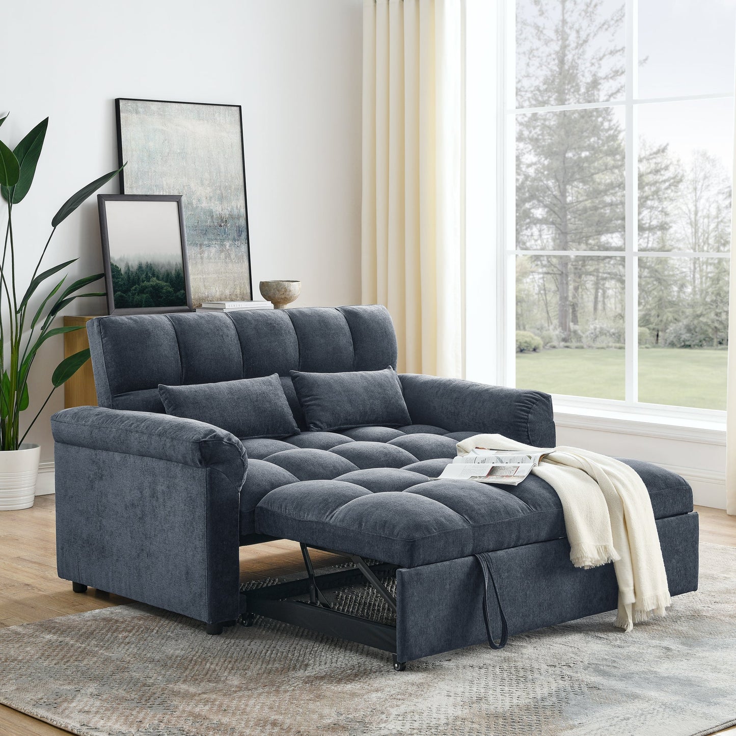 Blue+Grey Convertible Linen Loveseat Sofa Bed with Pull-Out Sleeper