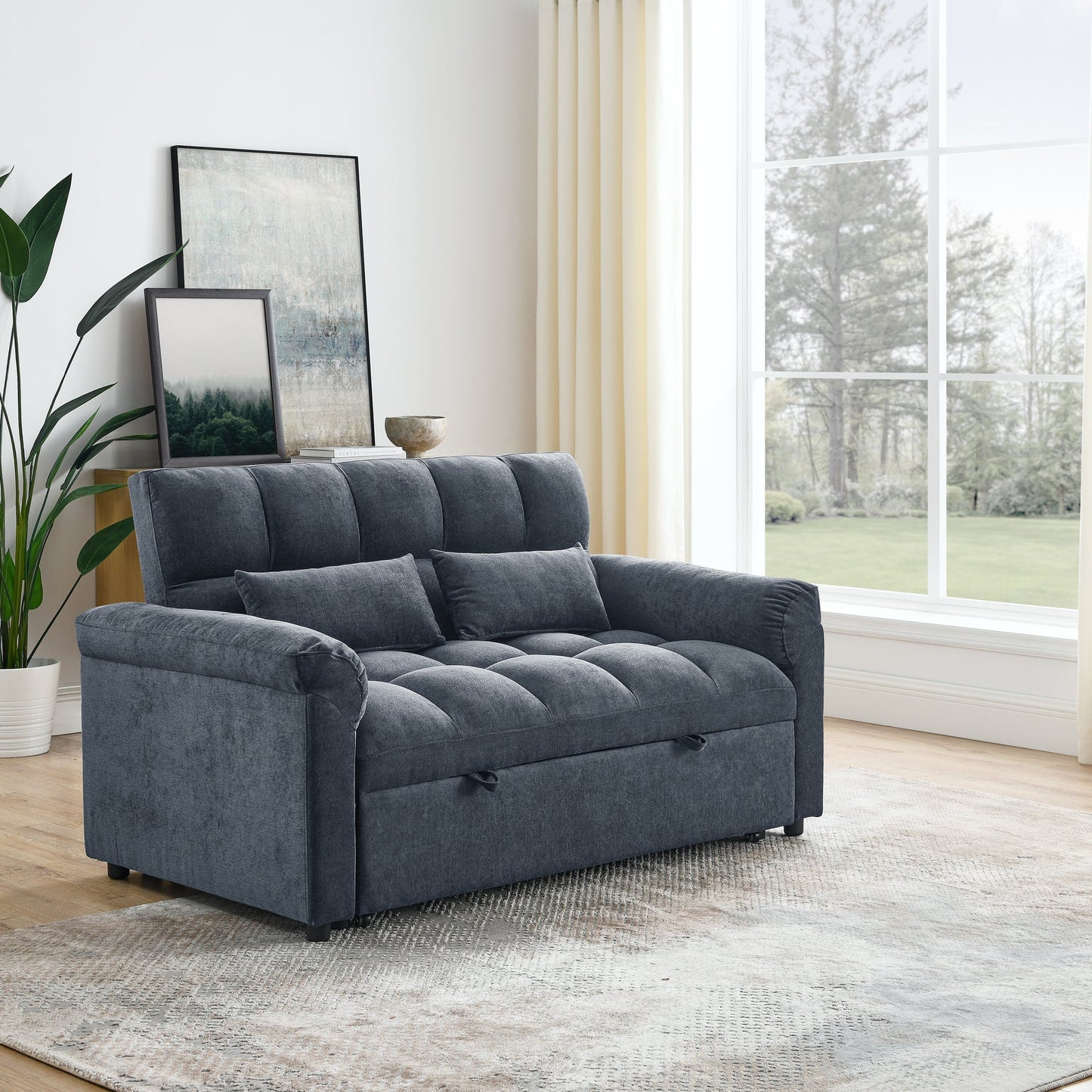 Blue+Grey Convertible Linen Loveseat Sofa Bed with Pull-Out Sleeper
