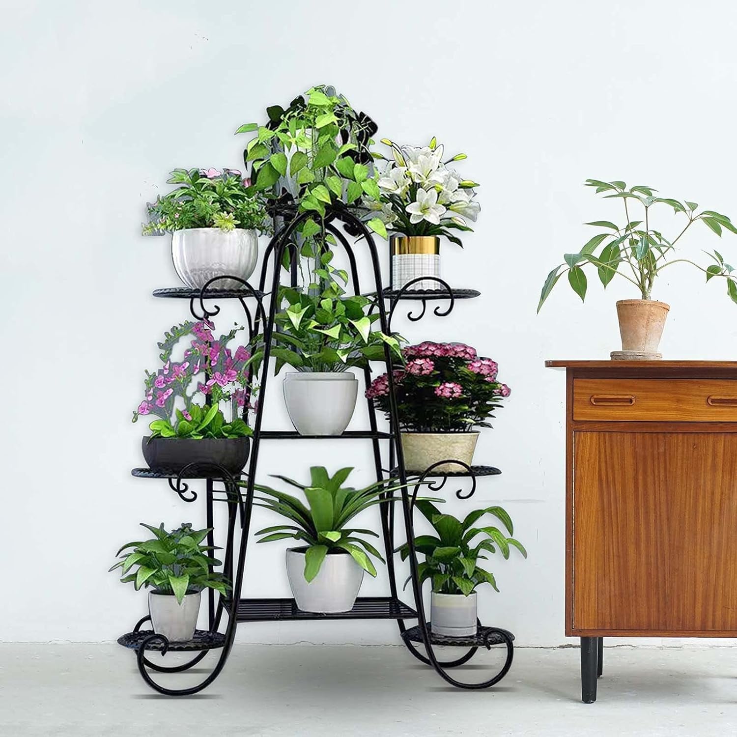 9 Tier Plant Stand, Indoor Outdoor Metal Plant Shelf, Multiple Tier Flower Shelves, Tall Display Rack for Garden Balcony Living Room (Black)
