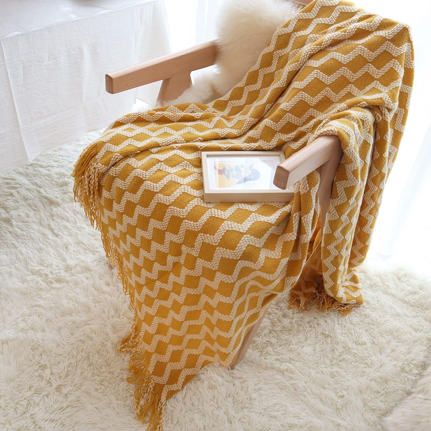 CHICHIC Throw Blanket for Couch, Decorative Knit Woven Knitted Throw Blankets for Sofa Bed Living Room Travel, 50 X 68 Inches, Yellow