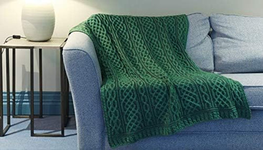 Carraig Donn Irish Cable Knit Blanket Celtic Throw - 100% Merino Wool Made in Ireland 40"X 55" (102 X 140 Cm)(Kiwi/Connemara Green)