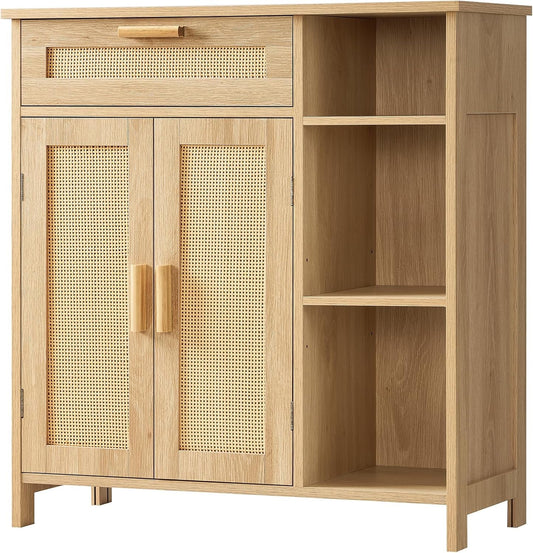 Boho Rattan Storage Cabinet – Multi-Purpose Organizer with Shelves & Doors, Adjustable & Anti-Tip Design (66 lbs Capacity)
