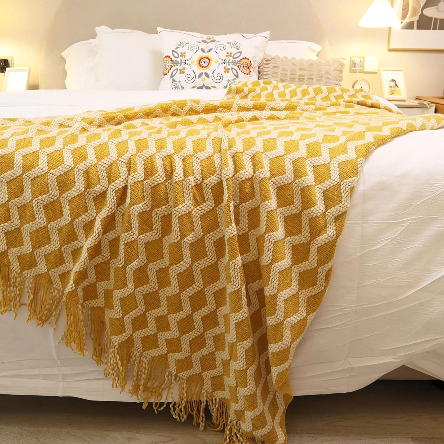 CHICHIC Throw Blanket for Couch, Decorative Knit Woven Knitted Throw Blankets for Sofa Bed Living Room Travel, 50 X 68 Inches, Yellow