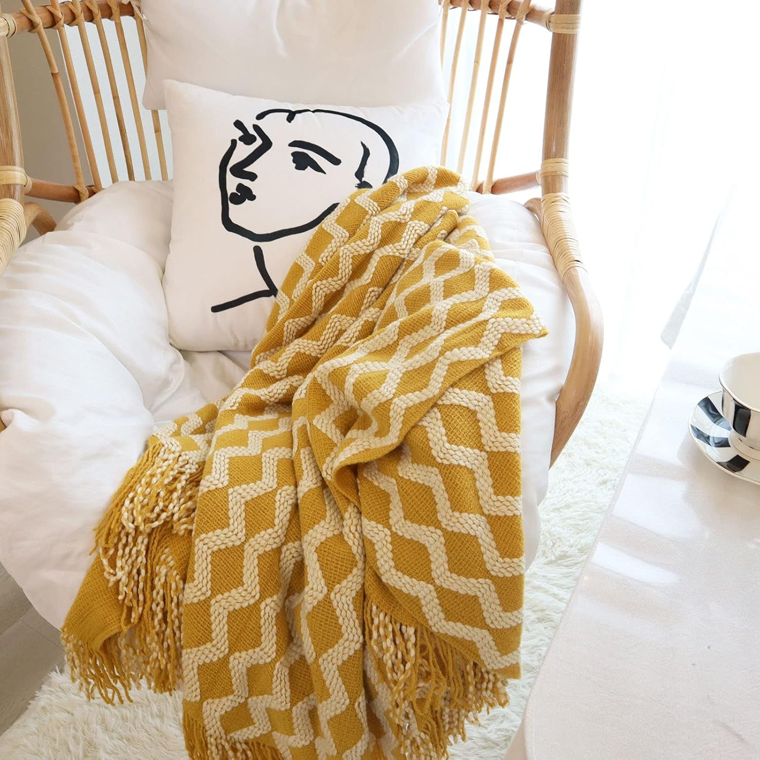 CHICHIC Throw Blanket for Couch, Decorative Knit Woven Knitted Throw Blankets for Sofa Bed Living Room Travel, 50 X 68 Inches, Yellow