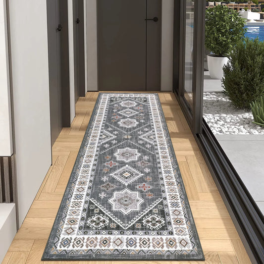 2'X6' Oriental Vintage Runner Rug for Hallways, Non-Slip Machine Washable Area Rug for Bedroom/Living/Dining/Laundry Room Carpet, Gray/Brown