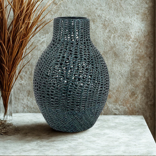 Teal green Fila ceramic vase on console table in modern living room decor