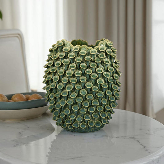 Nina decorative ceramic vase in textured green with abstract scalloped opening, 13 inch tall