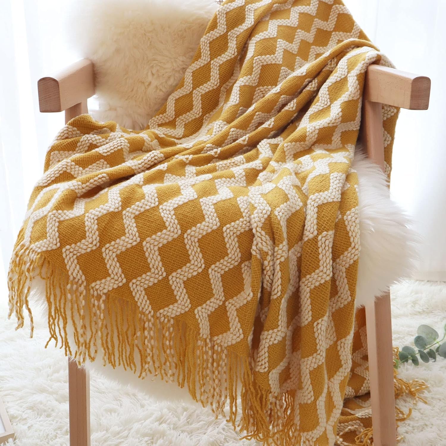 CHICHIC Throw Blanket for Couch, Decorative Knit Woven Knitted Throw Blankets for Sofa Bed Living Room Travel, 50 X 68 Inches, Yellow