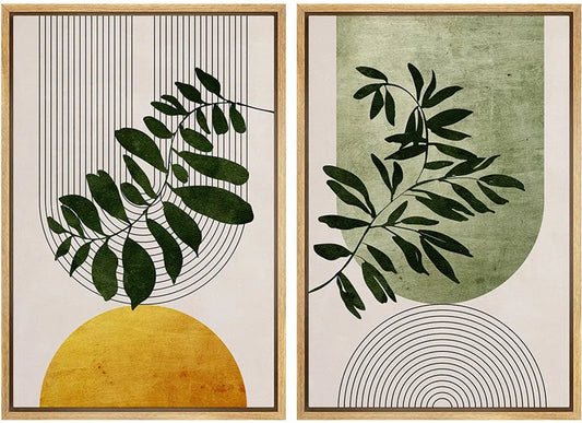 2 Pieces Print Wall Art Set Modern Boho Green Yellow Plant  for living room