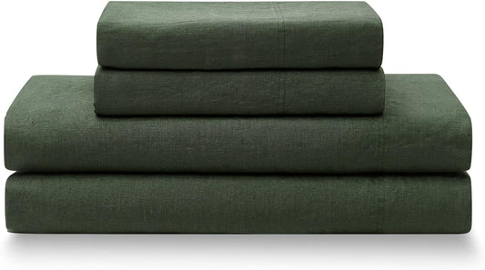 Ynm French Linen Sheet Set - Cozy, Skin-Friendly, and Eco-Friendly Pure French Linen Sheets Collection, 4-Piece Set Includes Flat Sheet, Fitted Sheet, and 2 Pillowcases – California King, Army Green